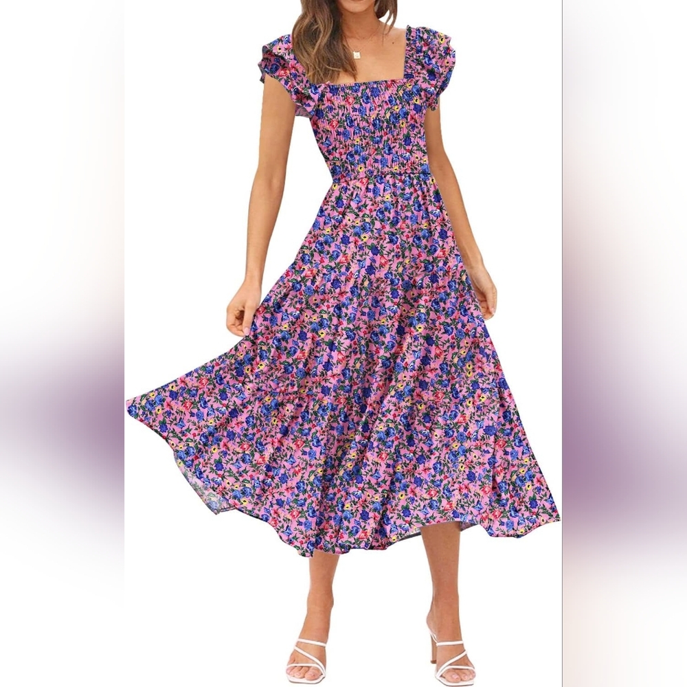 DOROSE Pink smocked Dress Sz Large With back cut out Summer NWT